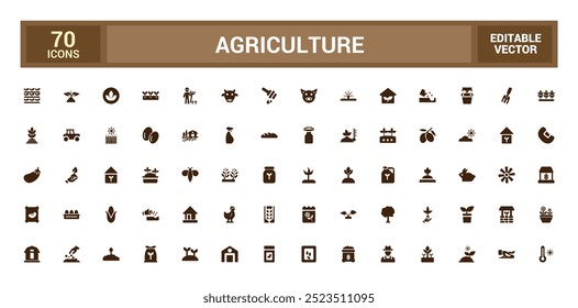 Conjunto de coleção de ícones da agricultura. Pacote de ícones preenchido, glifo para web e interface do usuário. Ícones sólidos definidos. Símbolo preenchido editável. Ilustração vetorial.