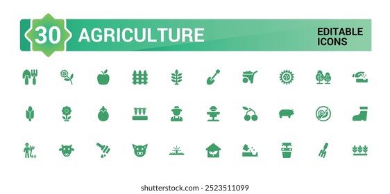 Conjunto de coleção de ícones da agricultura. Pacote de ícones preenchido, glifo para web e interface do usuário. Ícones sólidos definidos. Símbolo preenchido editável. Ilustração vetorial.