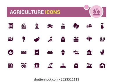 Conjunto de coleção de ícones da agricultura. Pacote de ícones preenchido, glifo para web e interface do usuário. Ícones sólidos definidos. Símbolo preenchido editável. Ilustração vetorial.