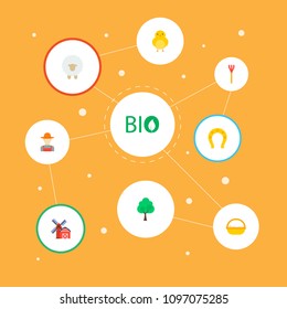 Set of agriculture icons flat style symbols with farmer, sheep, rake and other icons for your web mobile app logo design.