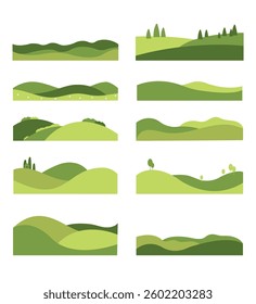 Set of agriculture landscape templates on white background. Green field template, eco background, nature landscape vector illustration with texture. Farmland collage for flyer, identity, booklet