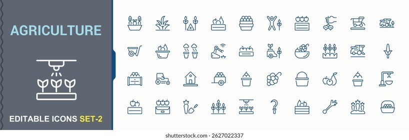 Set of Agriculture line icon. Featuring harvest, farming, land, plant, agro, gardening and more. Minimal icons pack. Agro icon set. Editable vector art.