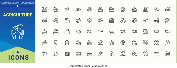 Set of Agriculture line icon. Includes thin line symbols harvest, farm, plant, land, garden and more. Minimal icons set. Farm icon set in linear style. Editable vector art.