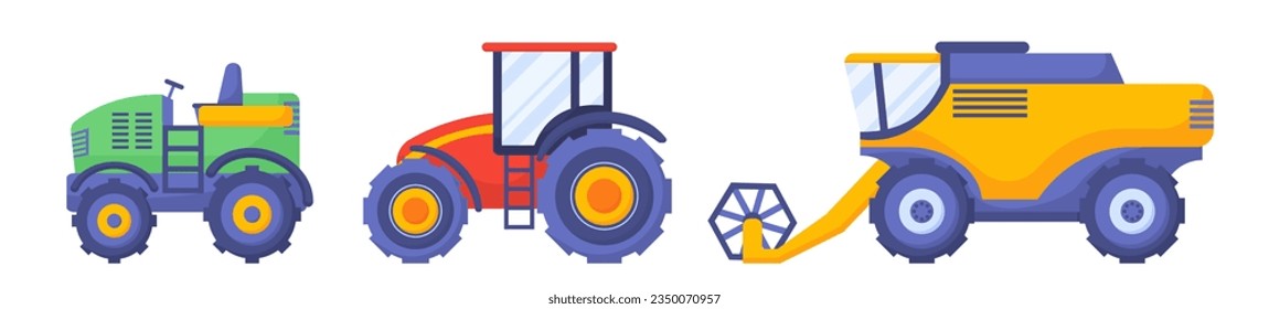 Set of agriculture machines concept. Tractors for wheat and hop. Machinery and automation. Farming and rural village transport. Cartoon flat vector collection isolated on white background