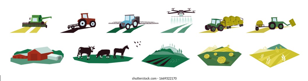 Set of agriculture objects. Icons with irrigation tractor, farm animals, combine harvester, drone. Vector illustrations of machinery, farming, livestock with cow, hayfield, cultivated and plowed land.