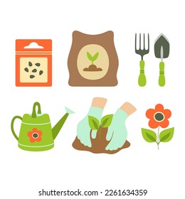 set of agriculture objects, instruments for cultivation, plants seedling process, stage plant growth, fertilizers and greenhouse, flat style
