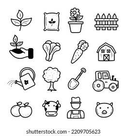 Set of agriculture vector elements with doodle drawing style isolated on white background