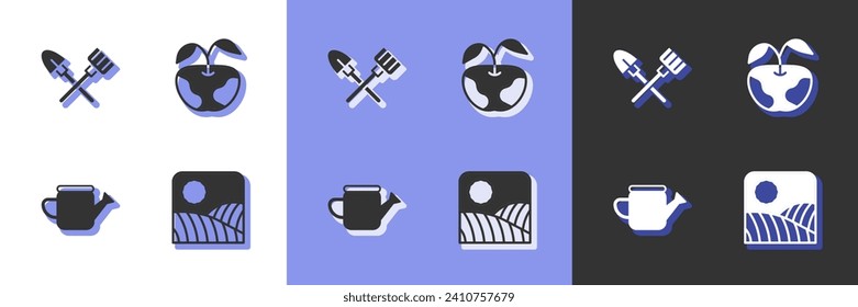 Set Agriculture wheat field farm, Shovel and rake, Watering can and Apple icon. Vector