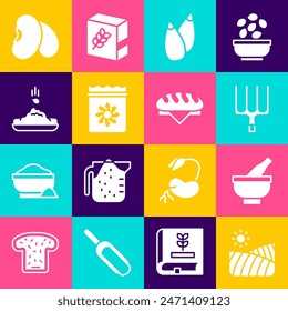Set Agriculture wheat field, Mortar and pestle, Garden pitchfork, Seed, Pack full of seeds of plant, Beans and Bread loaf icon. Vector