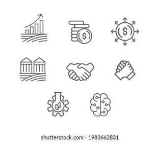 Juego de ícono de Ingeniería Agronómica. Hands Teamwork, moneda, dinero, finanzas, gráficos, tecnología, planificador, cerebro, paquete de plantas plantilla de símbolo para la colección de diseño gráfico y web logo ilustración vectorial