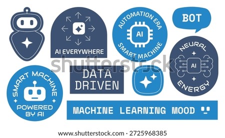 Set of AI Artificial Intellegence stickers, badges, patches collection. Data driven and machine learning design.