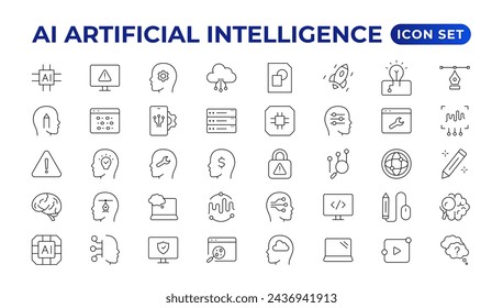 Set of Ai artificial intelligence icon set vector collection. AI Essentials line Icon collection, artificial intelligence icon set in line style, machine learning, smart robotic Free Vector