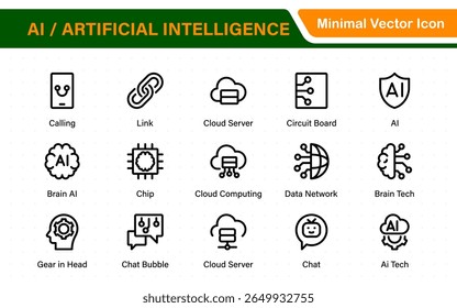 Set of Ai artificial intelligence icon set vector collection. AI Essentials line Icon collection, artificial intelligence icon set in line style, machine learning, smart robotic Free Vector