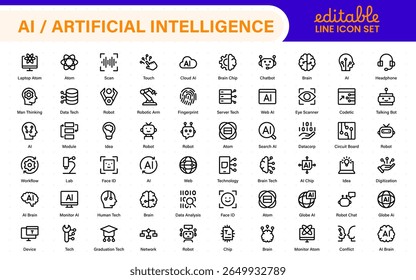 Set of Ai artificial intelligence icon set vector collection. AI Essentials line Icon collection, artificial intelligence icon set in line style, machine learning, smart robotic Free Vector