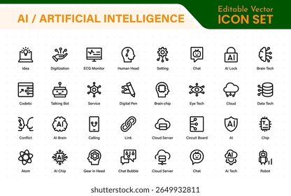 Set of Ai artificial intelligence icon set vector collection. AI Essentials line Icon collection, artificial intelligence icon set in line style, machine learning, smart robotic Free Vector