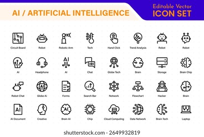 Set of Ai artificial intelligence icon set vector collection. AI Essentials line Icon collection, artificial intelligence icon set in line style, machine learning, smart robotic Free Vector