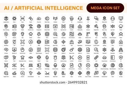 Set of Ai artificial intelligence icon set vector collection. AI Essentials line Icon collection, artificial intelligence icon set in line style, machine learning, smart robotic Free Vector