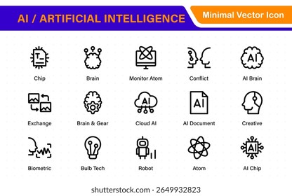 Set of Ai artificial intelligence icon set vector collection. AI Essentials line Icon collection, artificial intelligence icon set in line style, machine learning, smart robotic Free Vector