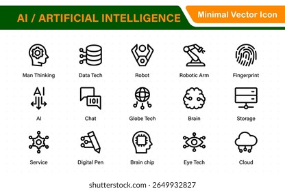 Set of Ai artificial intelligence icon set vector collection. AI Essentials line Icon collection, artificial intelligence icon set in line style, machine learning, smart robotic Free Vector
