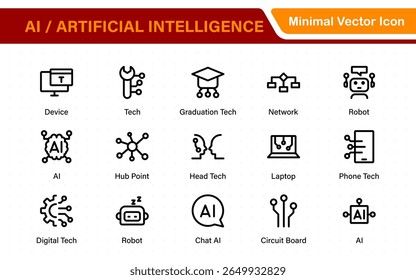 Set of Ai artificial intelligence icon set vector collection. AI Essentials line Icon collection, artificial intelligence icon set in line style, machine learning, smart robotic Free Vector