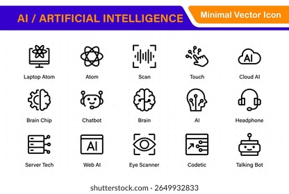 Set of Ai artificial intelligence icon set vector collection. AI Essentials line Icon collection, artificial intelligence icon set in line style, machine learning, smart robotic Free Vector