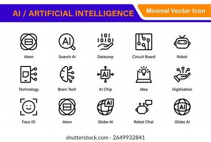 Set of Ai artificial intelligence icon set vector collection. AI Essentials line Icon collection, artificial intelligence icon set in line style, machine learning, smart robotic Free Vector