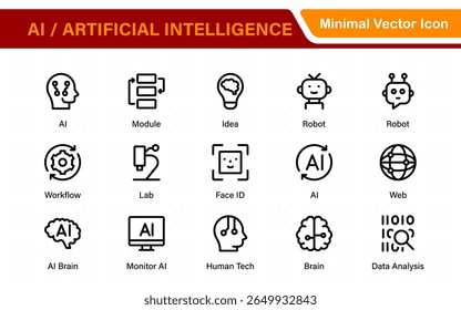 Set of Ai artificial intelligence icon set vector collection. AI Essentials line Icon collection, artificial intelligence icon set in line style, machine learning, smart robotic Free Vector