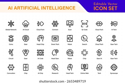 Set of Ai artificial intelligence icon set vector collection. AI Essentials line Icon collection, artificial intelligence icon set in line style, machine learning, smart robotic Free Vector