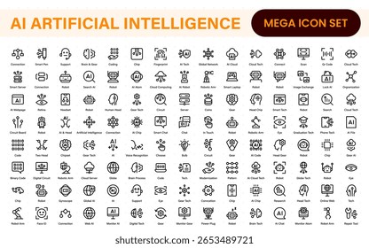 Set of Ai artificial intelligence icon set vector collection. AI Essentials line Icon collection, artificial intelligence icon set in line style, machine learning, smart robotic Free Vector