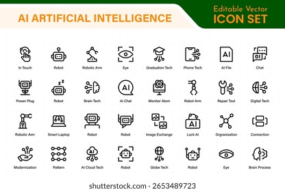 Set of Ai artificial intelligence icon set vector collection. AI Essentials line Icon collection, artificial intelligence icon set in line style, machine learning, smart robotic Free Vector