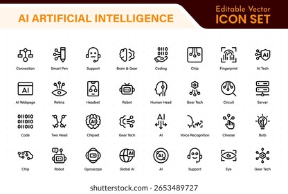 Set of Ai artificial intelligence icon set vector collection. AI Essentials line Icon collection, artificial intelligence icon set in line style, machine learning, smart robotic Free Vector