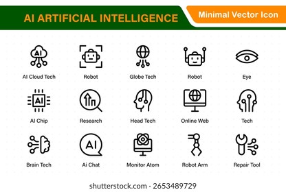 Set of Ai artificial intelligence icon set vector collection. AI Essentials line Icon collection, artificial intelligence icon set in line style, machine learning, smart robotic Free Vector