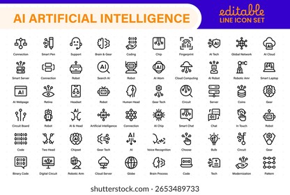 Set of Ai artificial intelligence icon set vector collection. AI Essentials line Icon collection, artificial intelligence icon set in line style, machine learning, smart robotic Free Vector