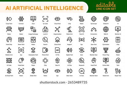 Set of Ai artificial intelligence icon set vector collection. AI Essentials line Icon collection, artificial intelligence icon set in line style, machine learning, smart robotic Free Vector