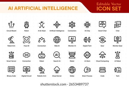 Set of Ai artificial intelligence icon set vector collection. AI Essentials line Icon collection, artificial intelligence icon set in line style, machine learning, smart robotic Free Vector