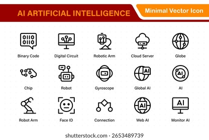 Set of Ai artificial intelligence icon set vector collection. AI Essentials line Icon collection, artificial intelligence icon set in line style, machine learning, smart robotic Free Vector