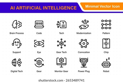 Set of Ai artificial intelligence icon set vector collection. AI Essentials line Icon collection, artificial intelligence icon set in line style, machine learning, smart robotic Free Vector