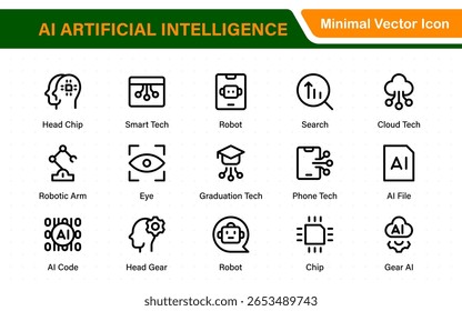 Set of Ai artificial intelligence icon set vector collection. AI Essentials line Icon collection, artificial intelligence icon set in line style, machine learning, smart robotic Free Vector