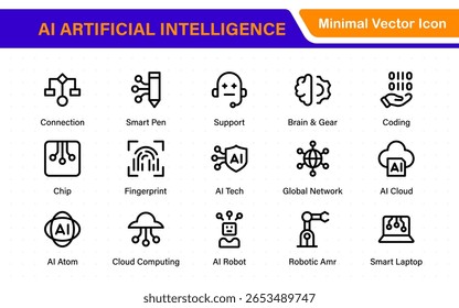 Set of Ai artificial intelligence icon set vector collection. AI Essentials line Icon collection, artificial intelligence icon set in line style, machine learning, smart robotic Free Vector