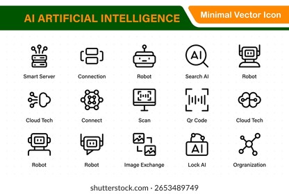 Set of Ai artificial intelligence icon set vector collection. AI Essentials line Icon collection, artificial intelligence icon set in line style, machine learning, smart robotic Free Vector