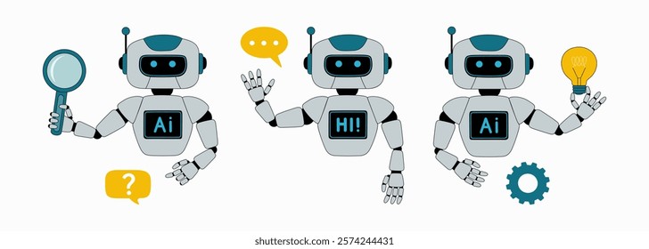 Set of ai chat bot characters. Virtual dialogue with robot assistant. Artificial intelligence helps with various tasks. Hand drawn vector illustration isolated on white background, flat cartoon style.
