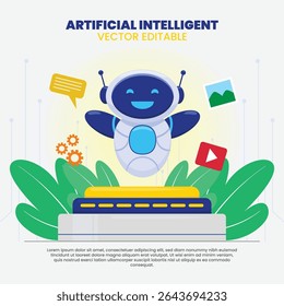 Set of Ai chatbot Vector. Neural cute mascot in various pose, robot waving hand. Smart robotic character. Isolated vector illustration. Help assistance, artificial intelligence support device.