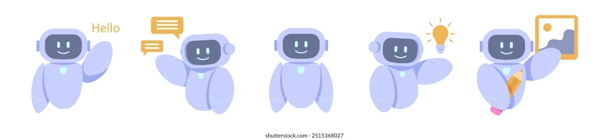 Conjunto de Ai Сhatbot. Robótica inteligente bonito em vários pose isolada. Ilustração de vetor.