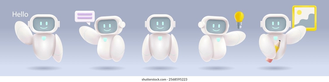 Set of Ai Сhatbot. Cute Smart Robotics in Various Pose Isolated. 3d Vector Illustration.