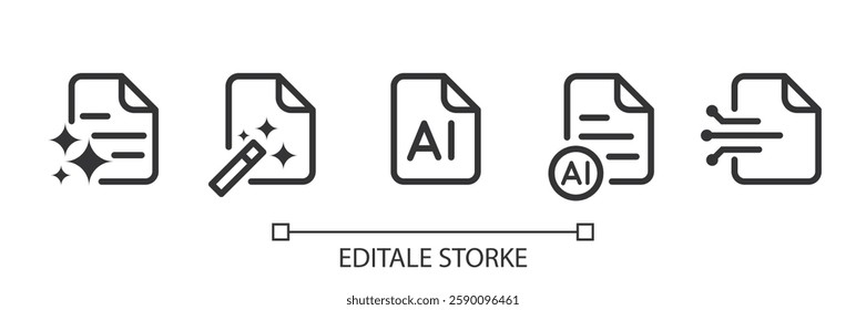 Set of AI document Generator icon. Document with generate symbol. Creating Data and Text by AI. Artificial intelligence icon element for app and web. Vector illustration. Editable stroke.