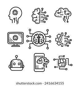 Set of AI doodle illustration on white background. Hand-drawn AI elements 