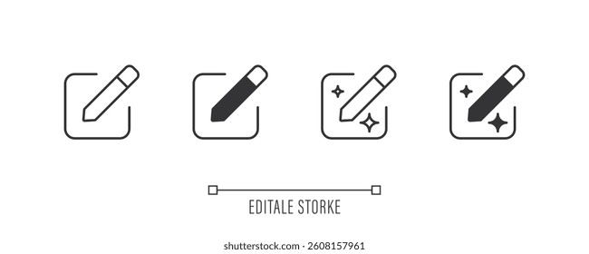 Set of AI edit icon for user interface. AI edit document icon. Pencil and square symbol. Artificial intelligence sign. Icon element for apps, and websites. Vector illustration. Editable stroke.