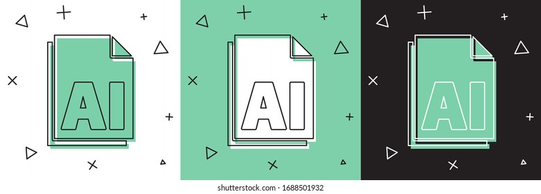 Establecer documento de archivo AI. Descargar icono del botón ai aislado en fondo blanco y verde, negro. Símbolo de archivo AI. Ilustración vectorial