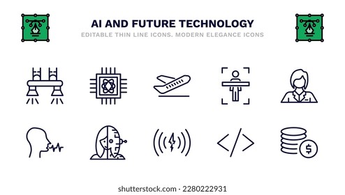 conjunto de iconos de línea delgada de ai y tecnología futura. íconos de contorno de ai y tecnología futura como computación cuántica, aeroplano, escaneo corporal, asistente, reconocimiento de voz, reconocimiento de voz, humanoide,