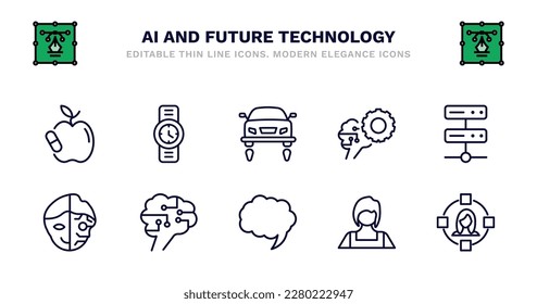 set of ai and future technology thin line icons. ai and future technology outline icons such as wristwatch, fyling vehicle, unsupervised learning, servers, cyborg, cyborg, future brain, speech